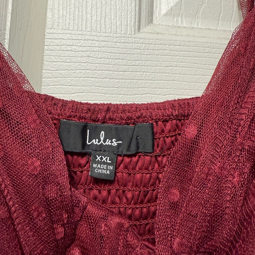 Lulu's Deep Red Tulle Dress with Textured Sleeves - Picture 5 of 7